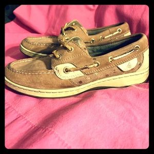 Women’s gold polkadot top sider Sperrys